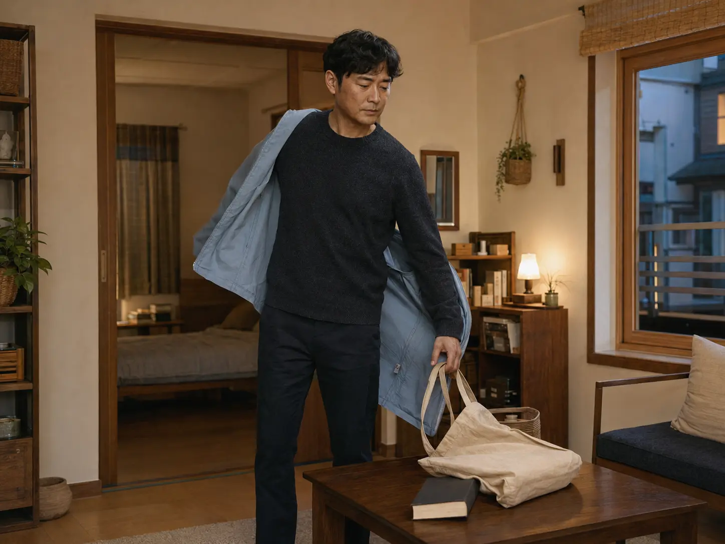 미아동 자택에서 책과 캔버스 가방을 정리하는 같은 남성 로컬 에디터 준호