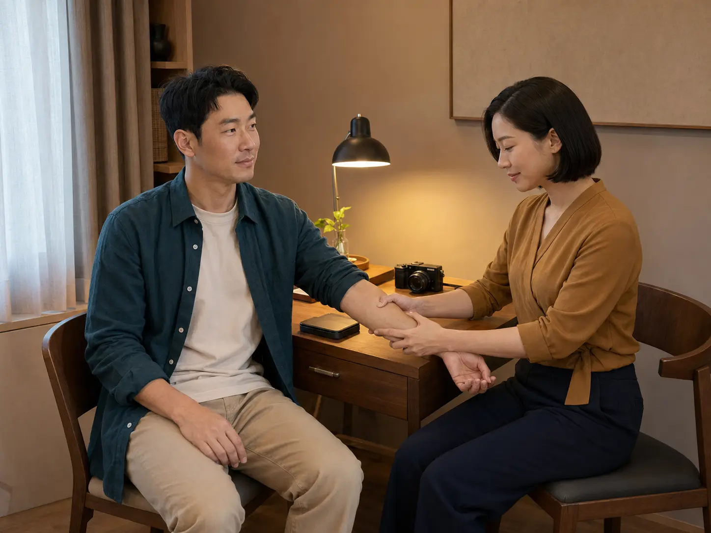 수유동 숙소에서 여성 관리사에게 손과 팔 관리를 받는 남성 로컬 에디터 도윤