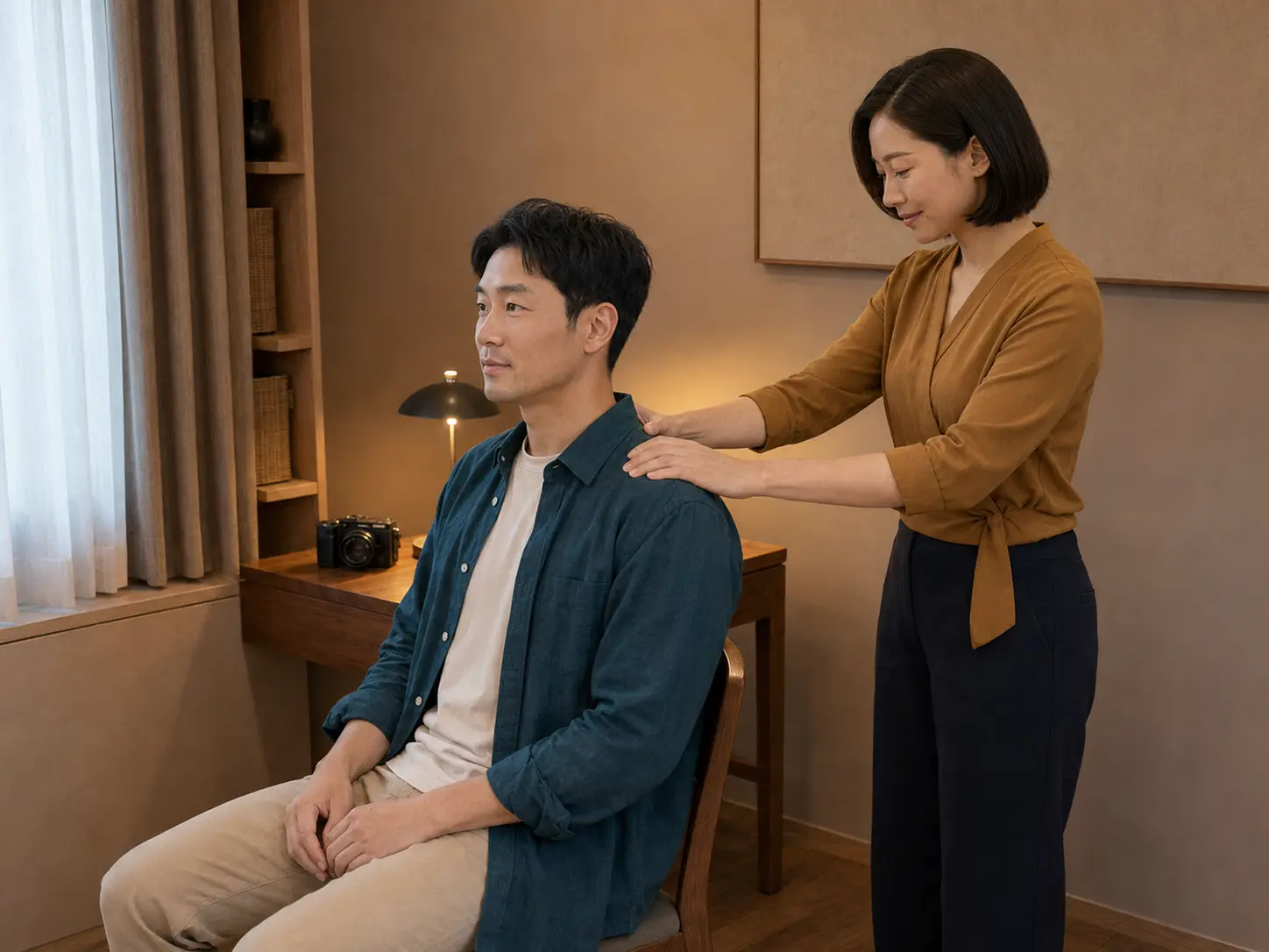 수유동 숙소에서 같은 여성 관리사에게 목과 어깨 관리를 받는 남성 로컬 에디터 도윤