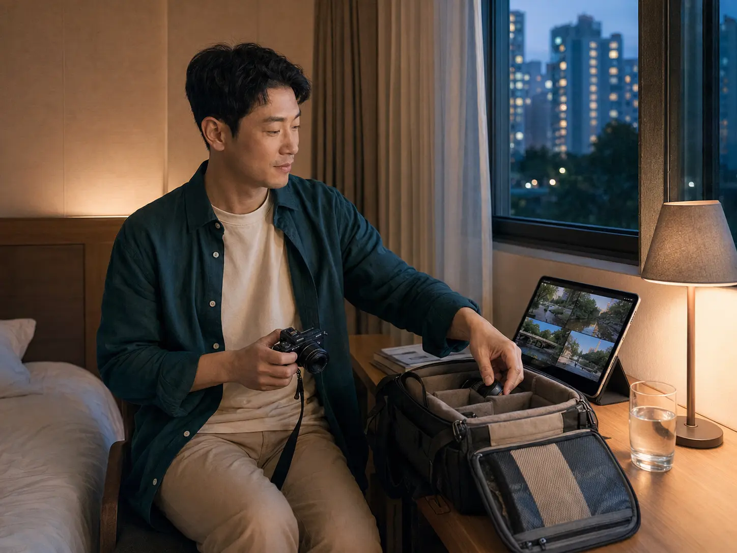수유동 숙소 창가에서 우이천 사진을 고르며 쉬는 같은 남성 로컬 에디터 도윤