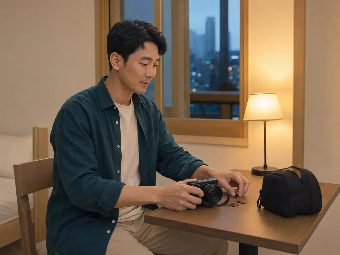 수유동 숙소에서 카메라와 메모리카드를 정리하는 같은 남성 로컬 에디터 도윤
