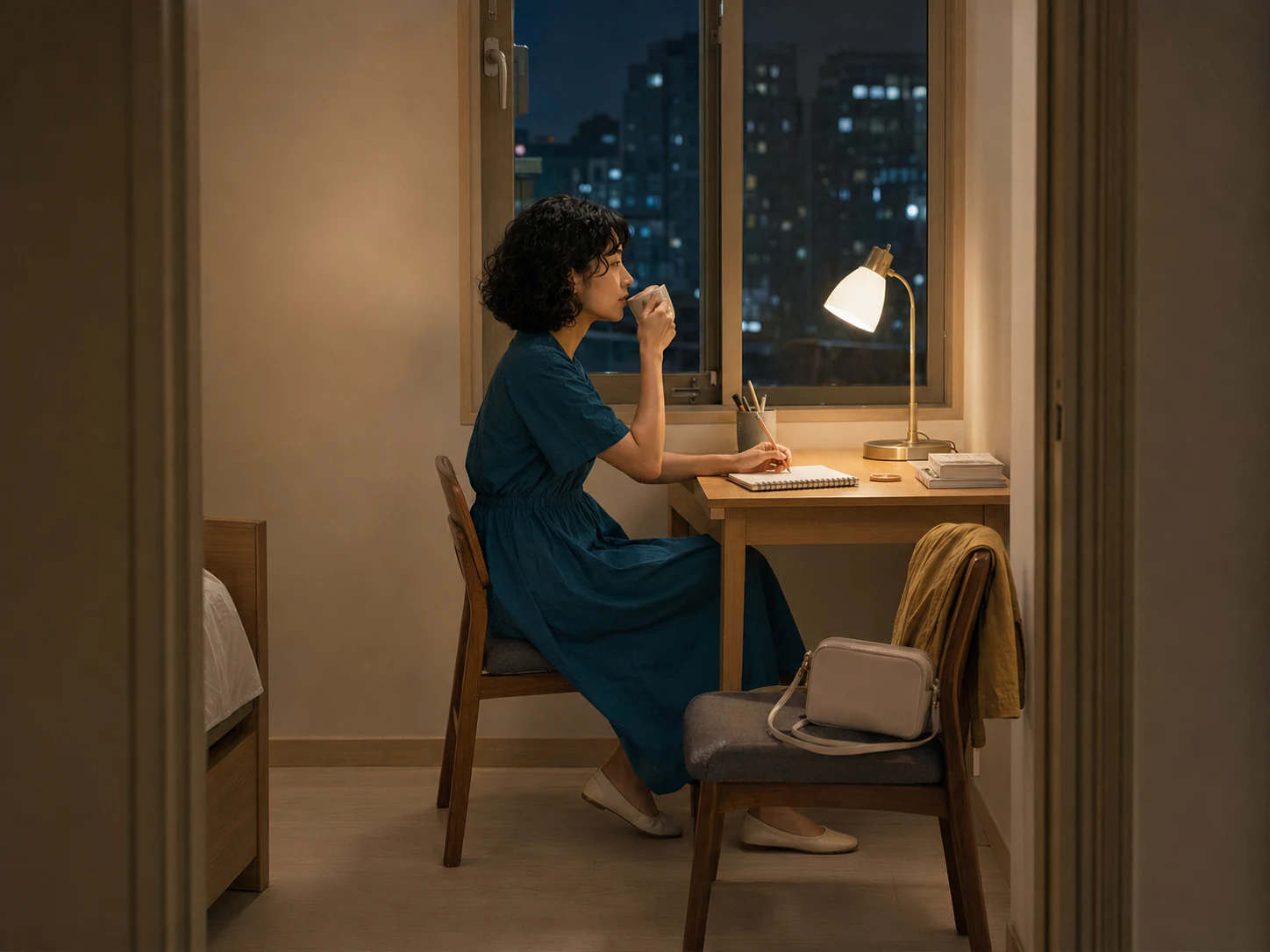 성내동 레지던스 창가에서 차를 마시며 스케치하는 같은 로컬 에디터 미나