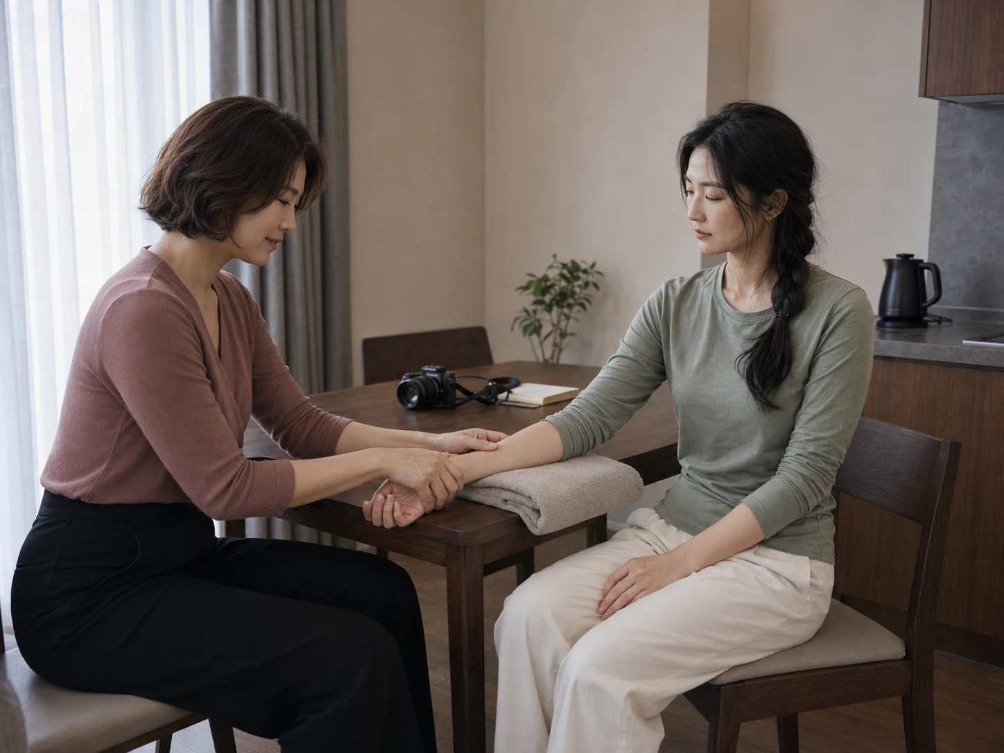 둔촌동 숙소에서 여성 관리사에게 손과 팔 관리를 받는 로컬 에디터 서아
