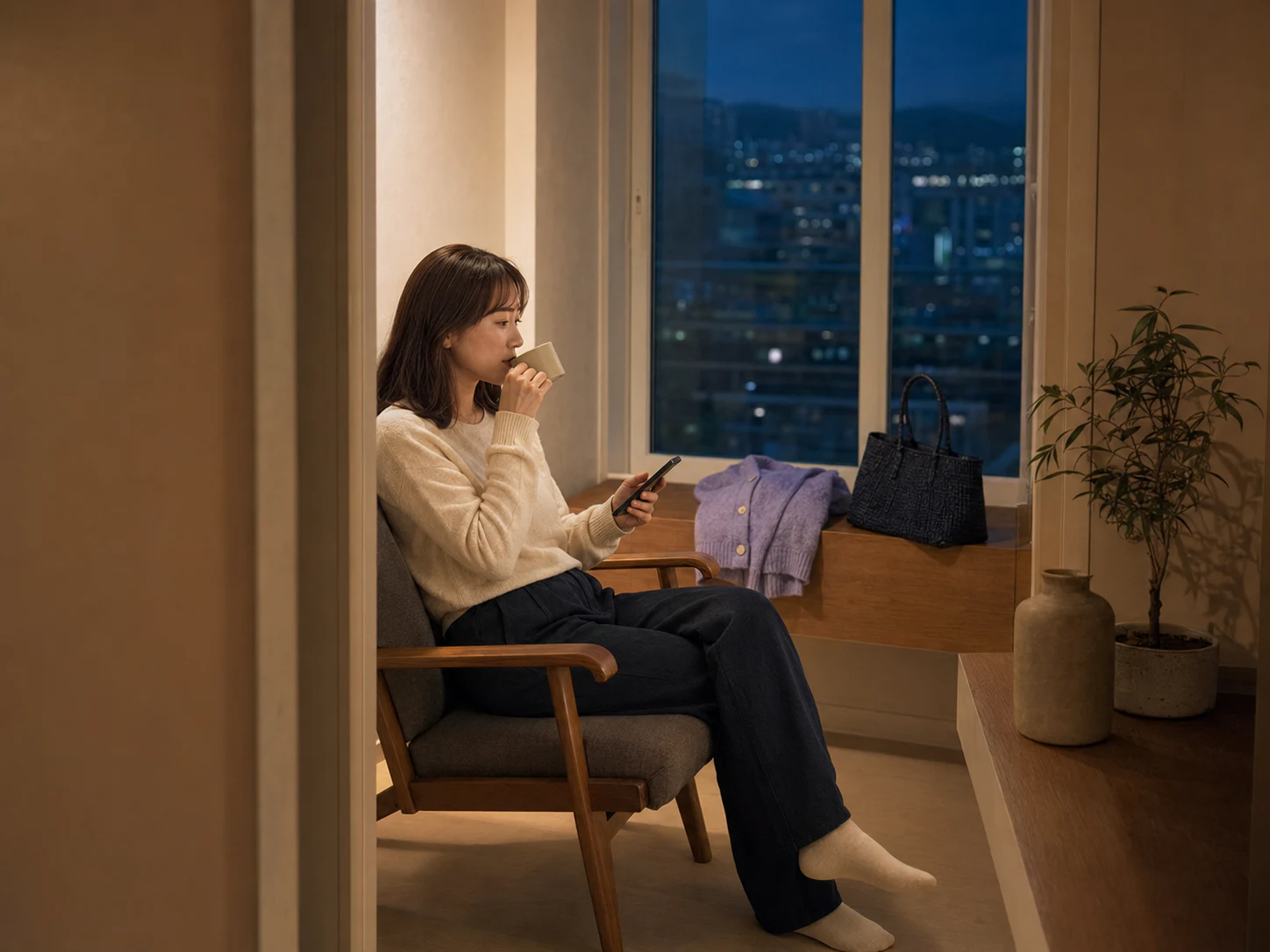 고덕동 자택 창가에서 노을 사진을 확인하며 쉬는 같은 로컬 에디터 예린