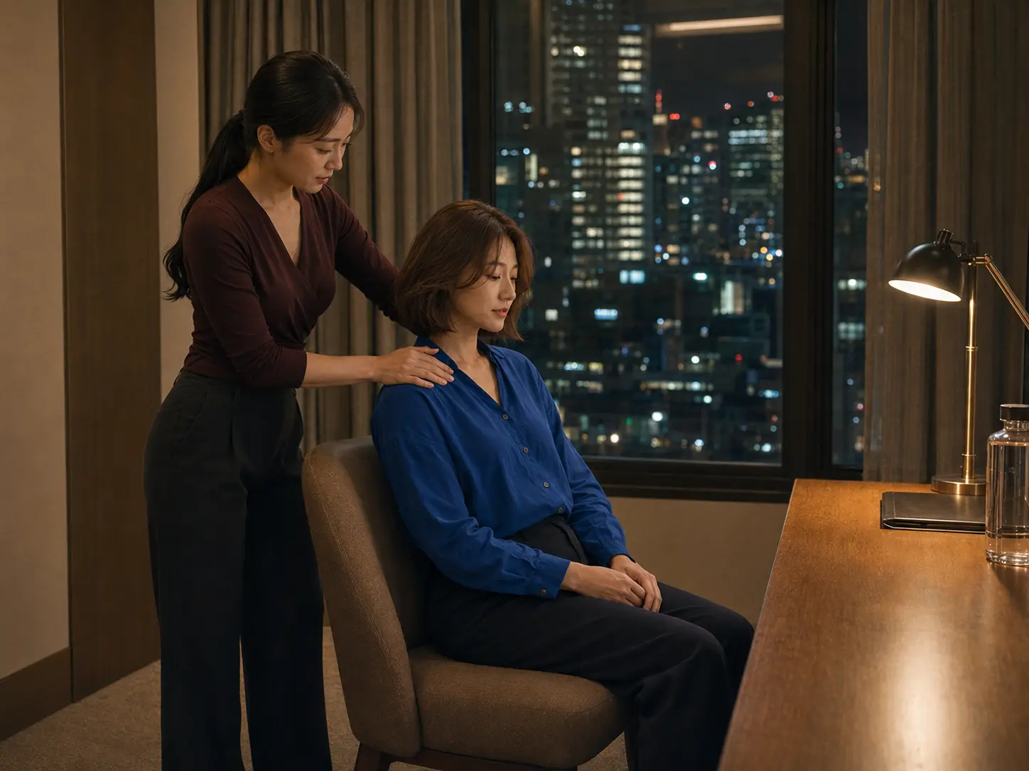 삼성동 호텔 창가에서 같은 여성 관리사에게 어깨 관리를 받는 로컬 에디터 유나