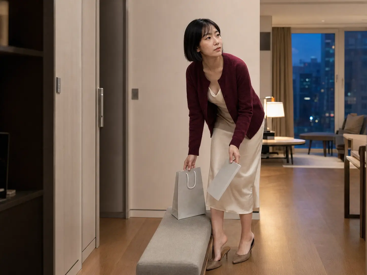 논현동 숙소에서 전시 카탈로그와 쇼핑백을 정리하는 같은 로컬 에디터 소민