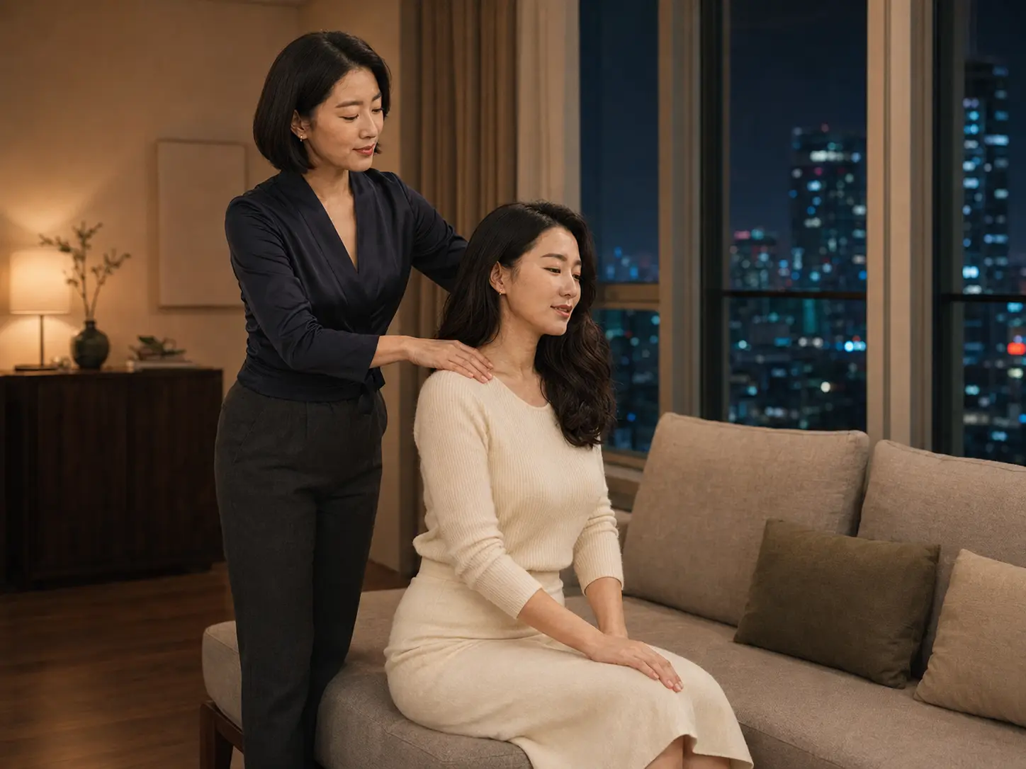 신사동 레지던스 소파에서 같은 여성 관리사에게 목과 어깨 관리를 받는 로컬 에디터 다은