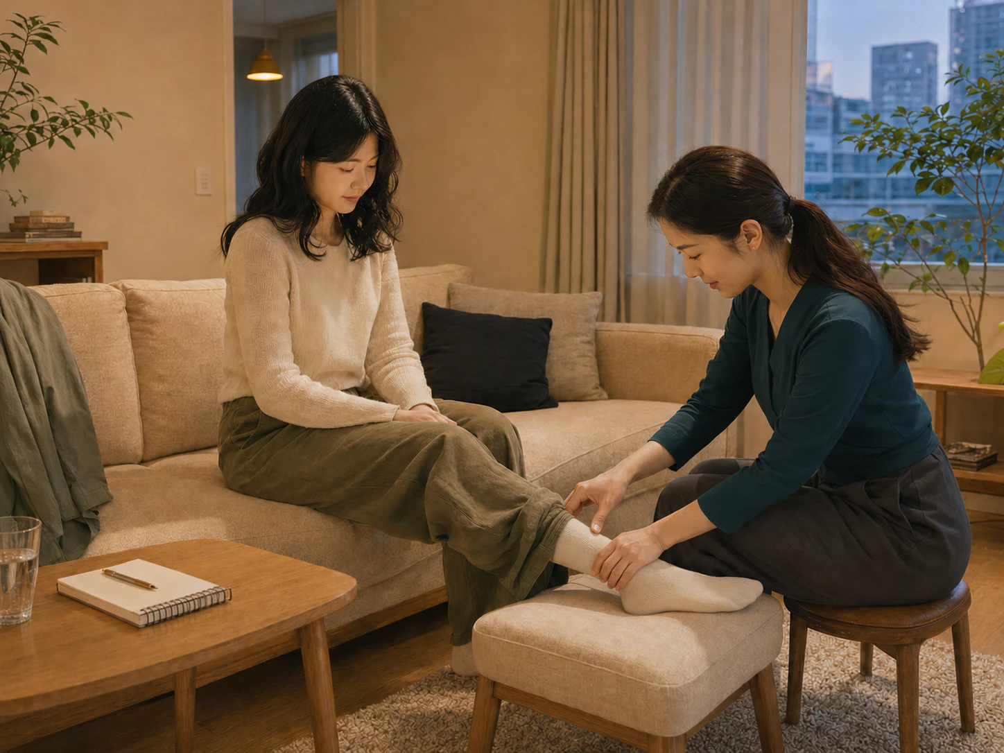 마곡동 레지던스에서 여성 관리사에게 종아리와 발목 관리를 받는 로컬 에디터 소연