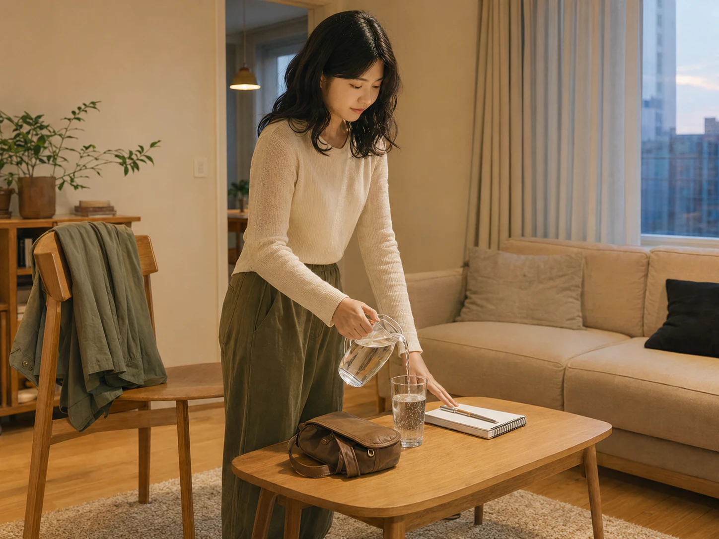 마곡동 레지던스에서 스케치북과 갈색 가방을 정리하고 물을 준비하는 같은 로컬 에디터 소연