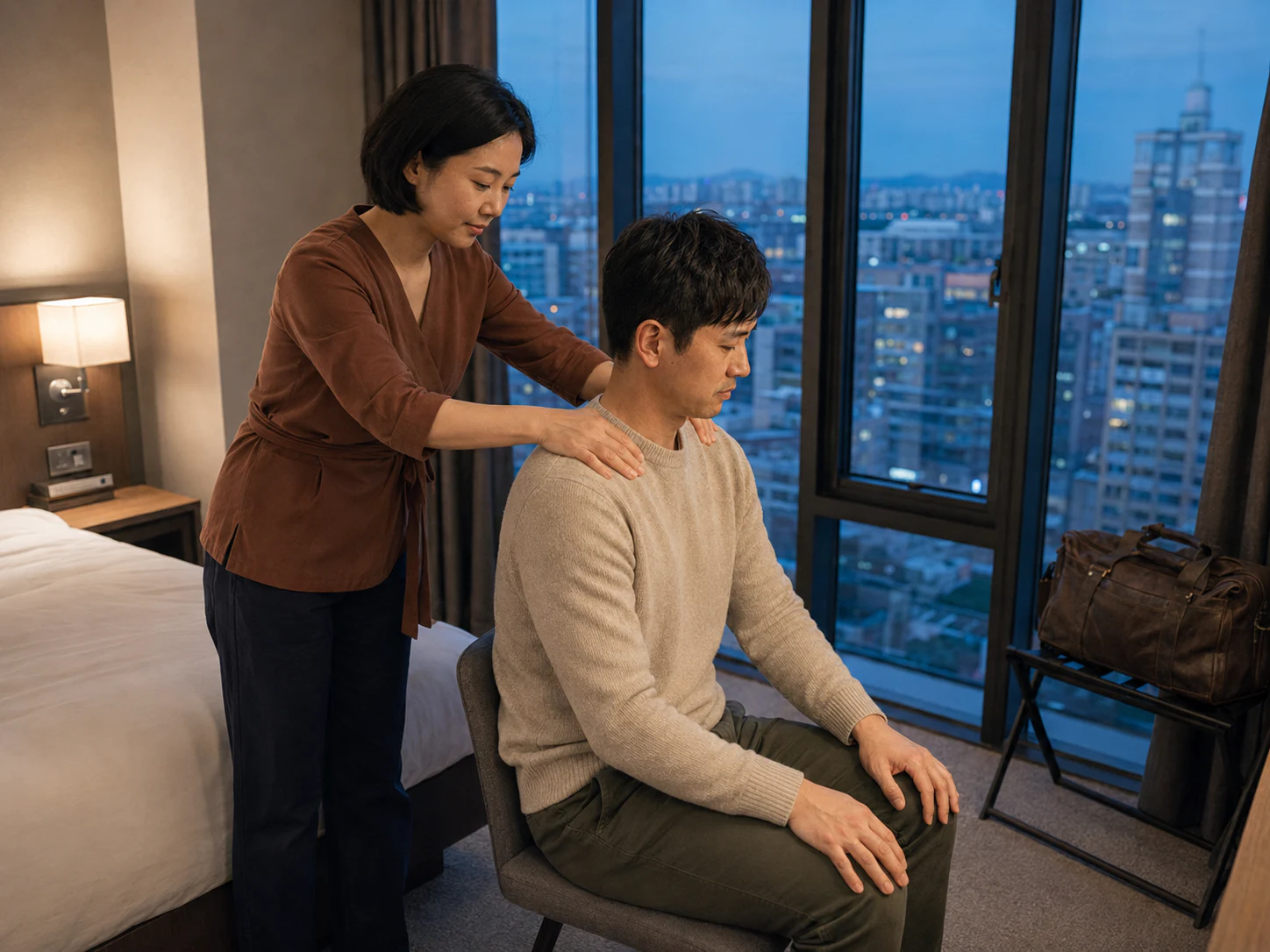 방화동 호텔에서 같은 여성 관리사에게 목과 어깨 관리를 받는 남성 로컬 에디터 준석