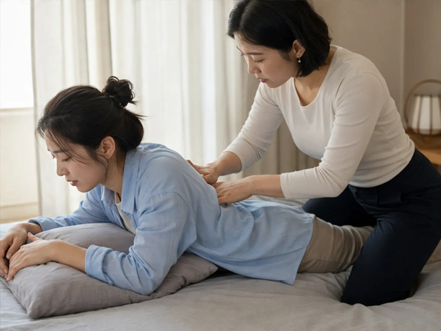 2025년 4월의 봄, 위치·시간·집중 부위를 상담한 뒤 숙소에서 28세 여성 관리사 서윤가 로컬 에디터 아린의 허리 주변과 등을 관리하는 장면