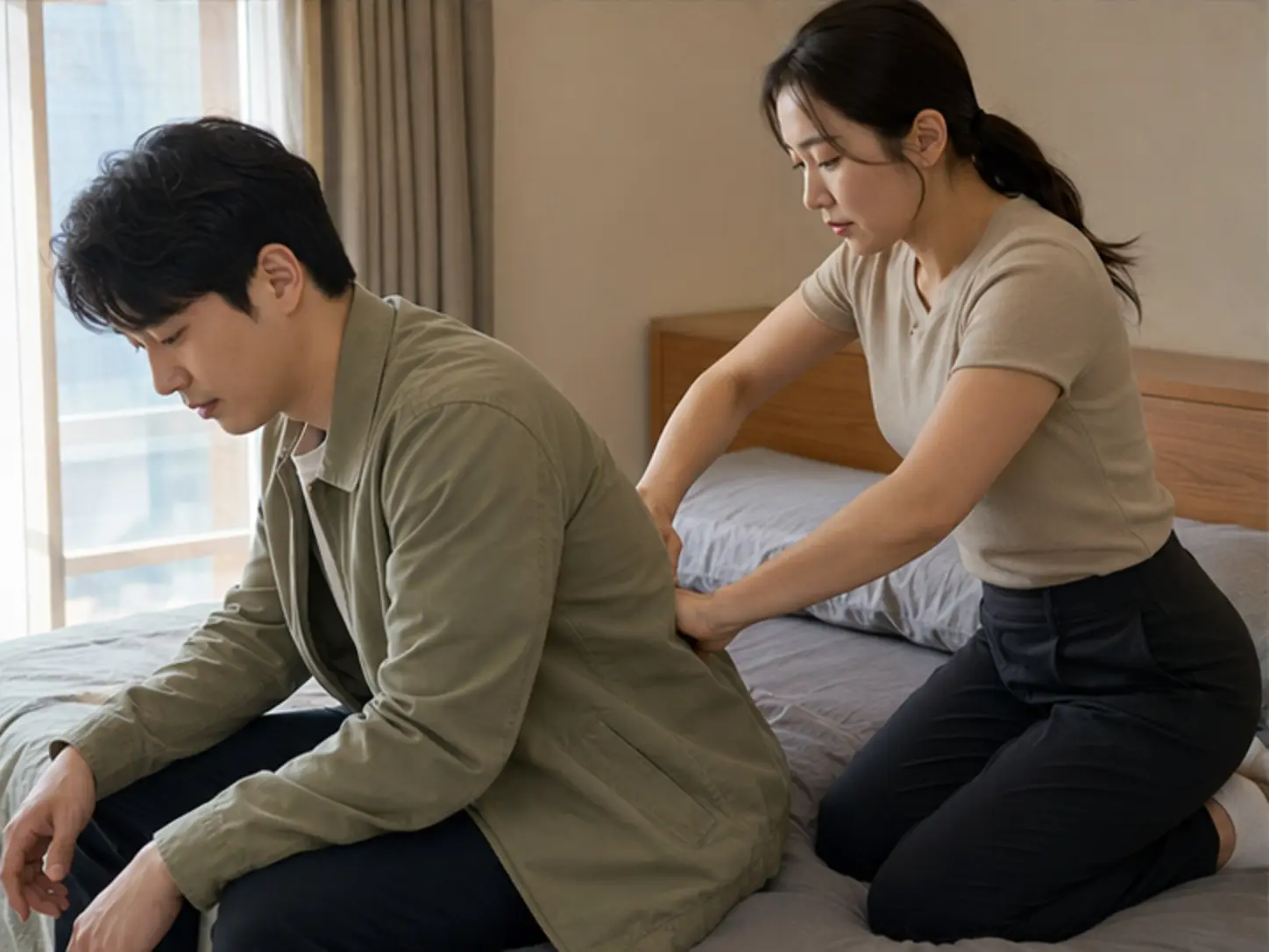 2025년 4월의 봄, 숙소 출입 정보를 확인한 뒤 숙소에서 26세 여성 관리사 민지가 로컬 에디터 준영의 허리 주변과 등을 관리하는 장면