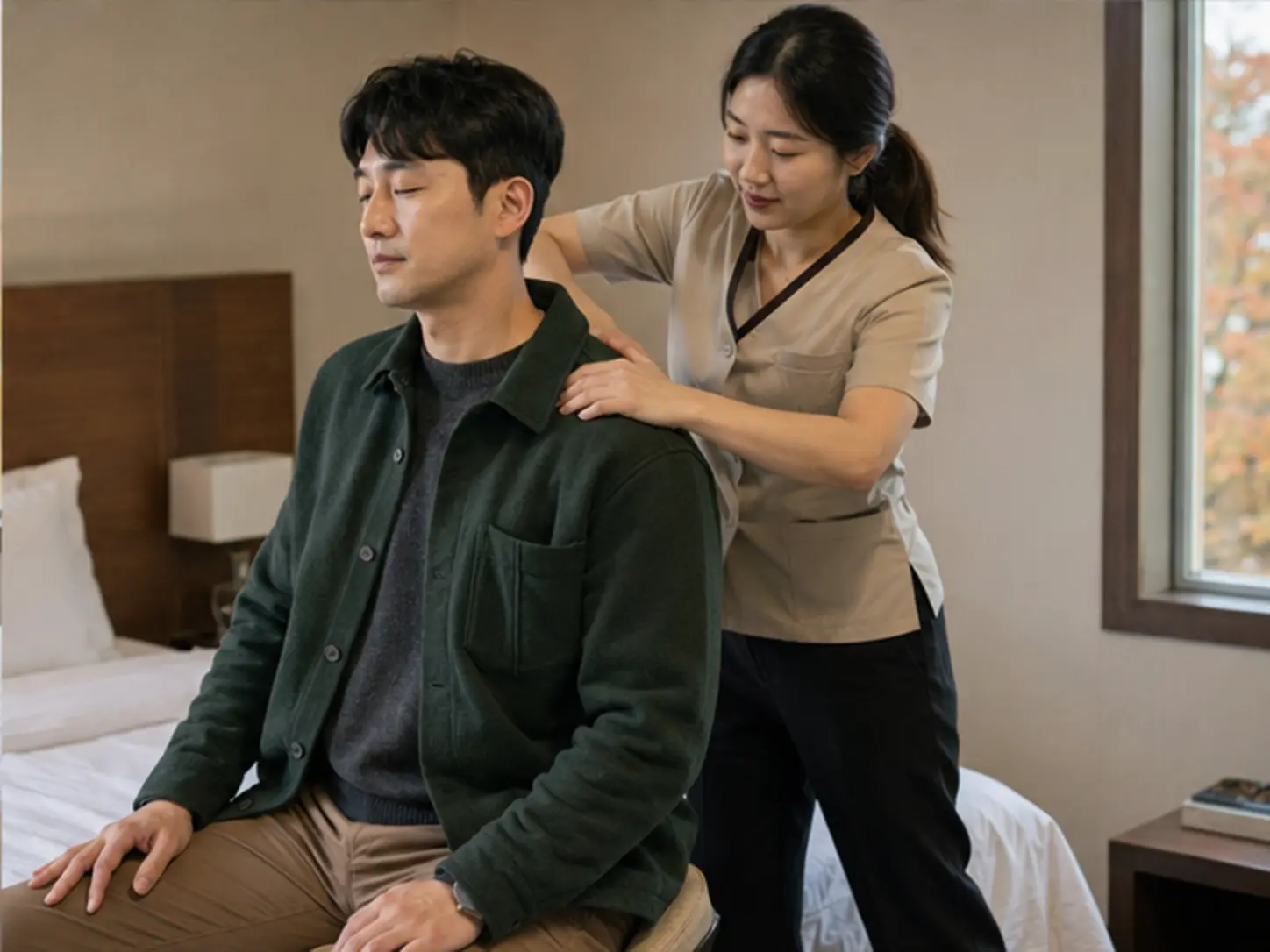 2024년 10월의 가을, 위치·시간·집중 부위를 상담한 뒤 숙소에서 28세 여성 관리사 수빈가 로컬 에디터 현석의 등과 어깨을 관리하는 장면