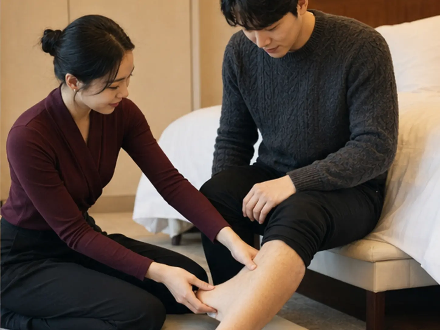 2024년 12월의 겨울, 이동 일정을 마친 뒤 숙소에서 26세 여성 관리사 채원가 로컬 에디터 준호의 허벅지와 종아리을 관리하는 장면