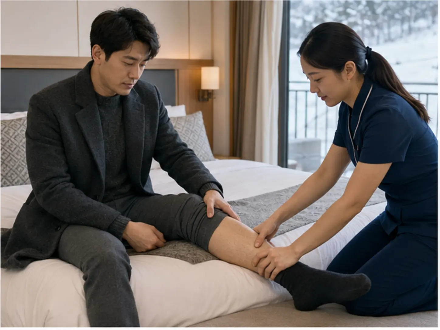 2024년 12월의 겨울, 위치·시간·집중 부위를 상담한 뒤 숙소에서 29세 여성 관리사 유진가 로컬 에디터 건우의 허벅지와 종아리을 관리하는 장면