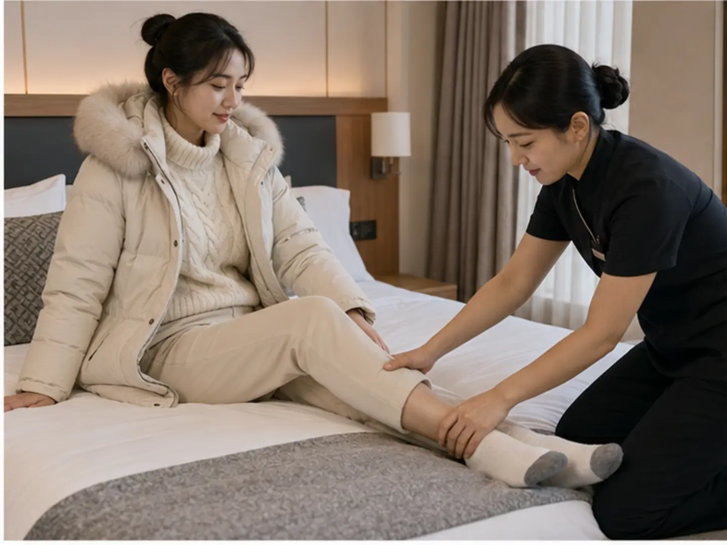 2024년 12월의 겨울, 숙소 출입 정보를 확인한 뒤 숙소에서 25세 여성 관리사 혜원가 로컬 에디터 다희의 허벅지와 종아리을 관리하는 장면