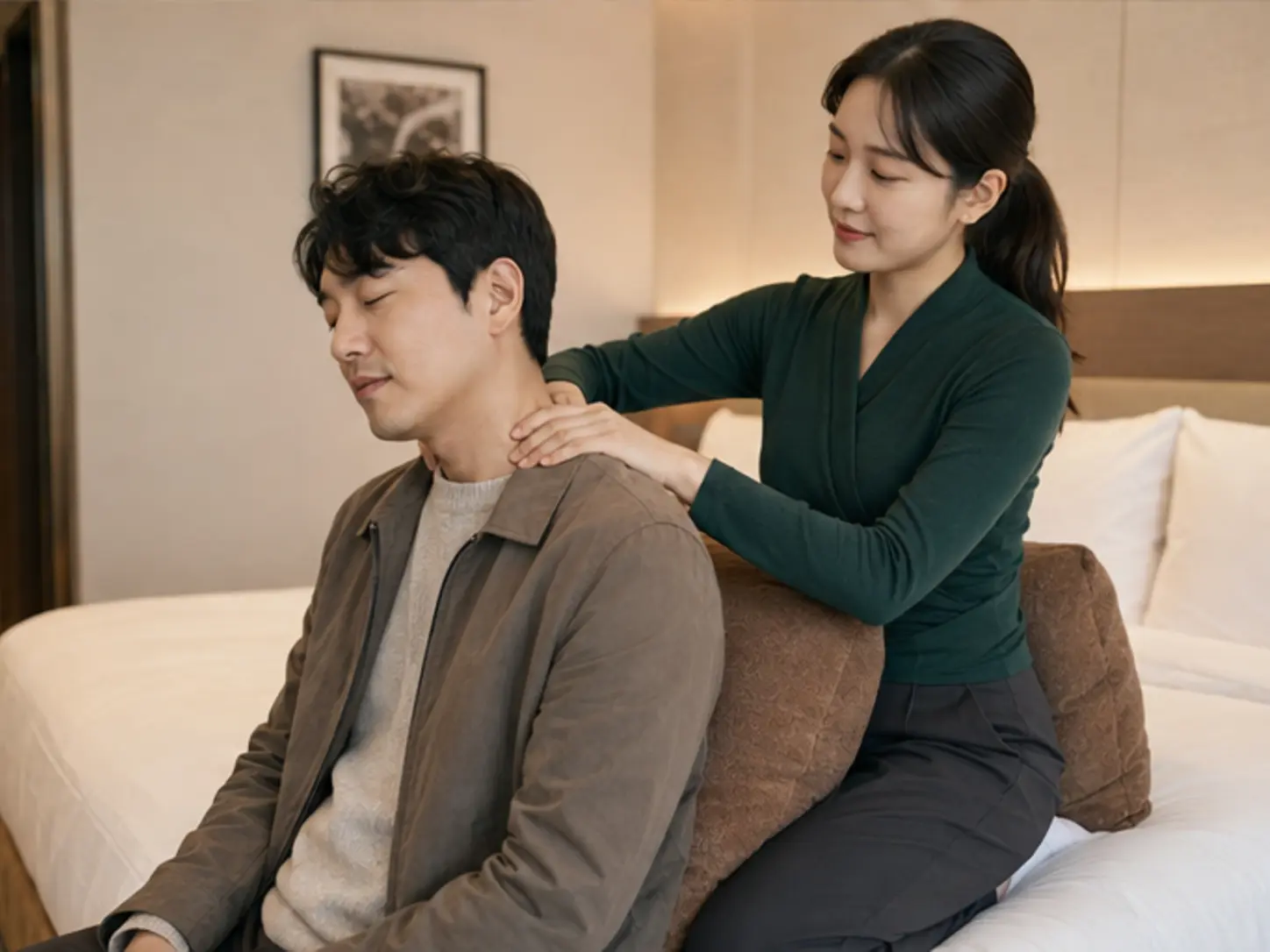 2025년 10월의 가을, 이동 일정을 마친 뒤 숙소에서 28세 여성 관리사 다은가 로컬 에디터 도현의 목과 어깨을 관리하는 장면