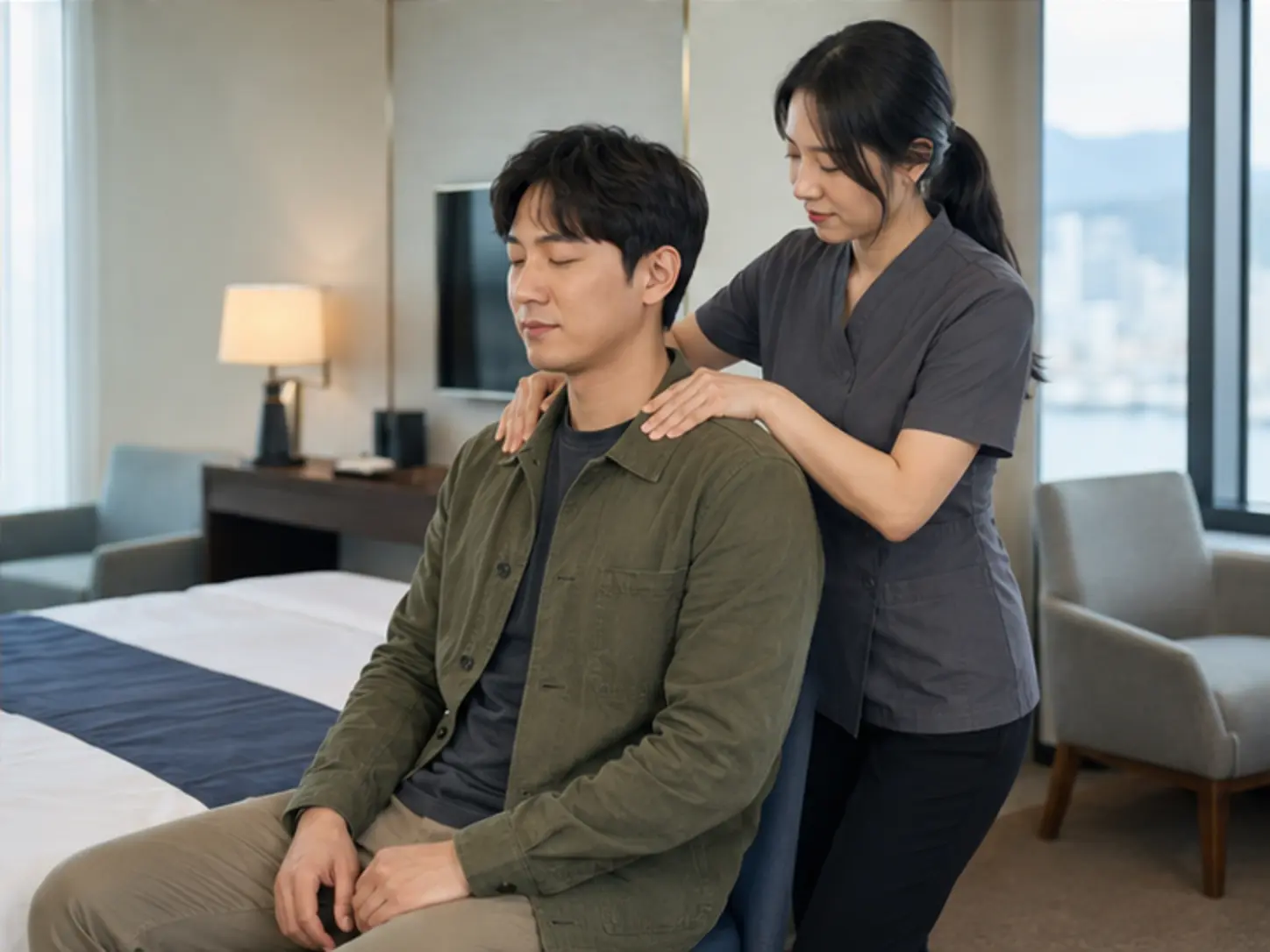 2025년 10월의 가을, 위치·시간·집중 부위를 상담한 뒤 숙소에서 27세 여성 관리사 윤아가 로컬 에디터 성민의 목과 어깨을 관리하는 장면