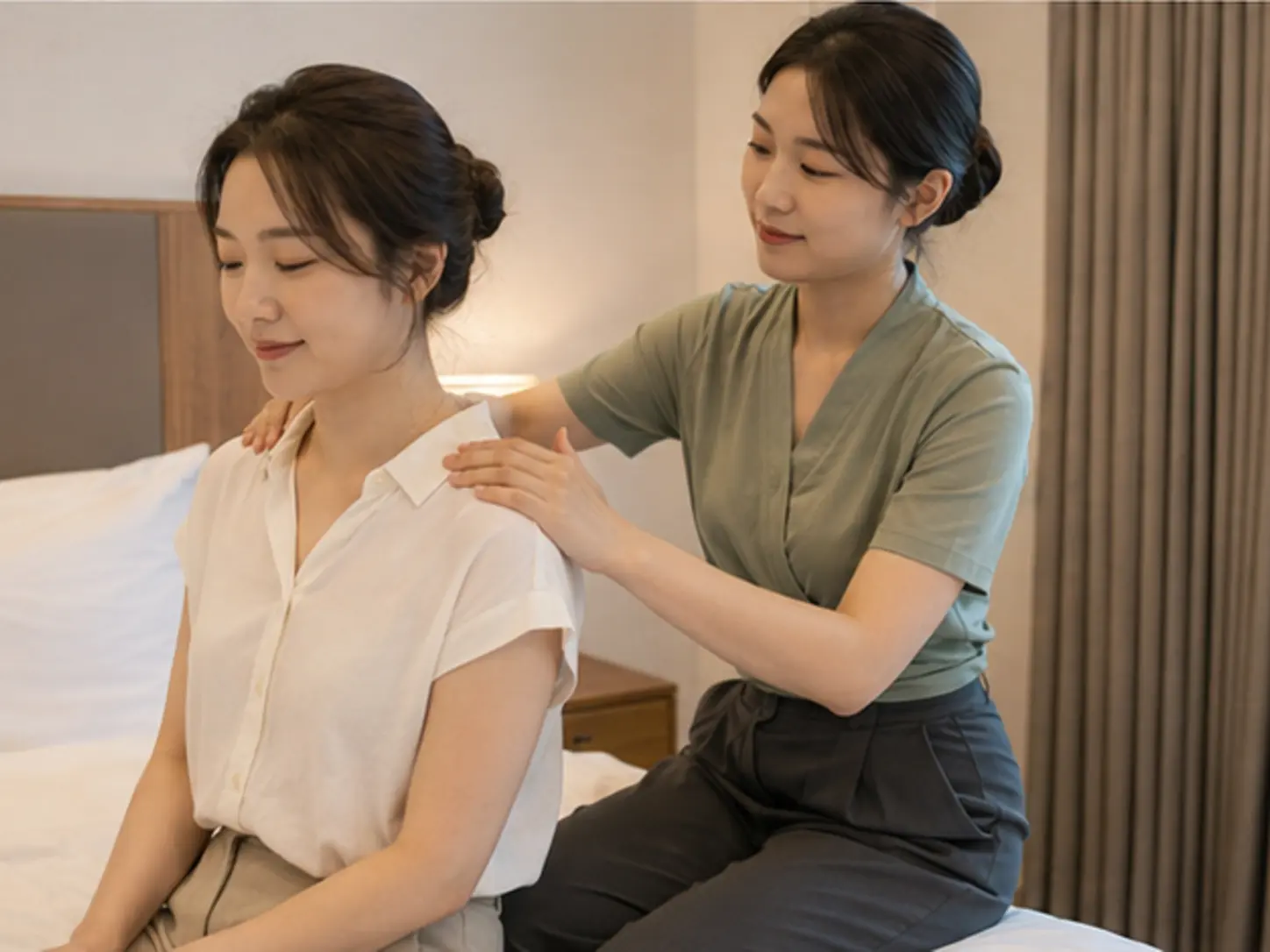 2026년 7월의 여름, 이동 일정을 마친 뒤 숙소에서 27세 여성 관리사 지유가 로컬 에디터 서아의 어깨와 등 위쪽을 관리하는 장면