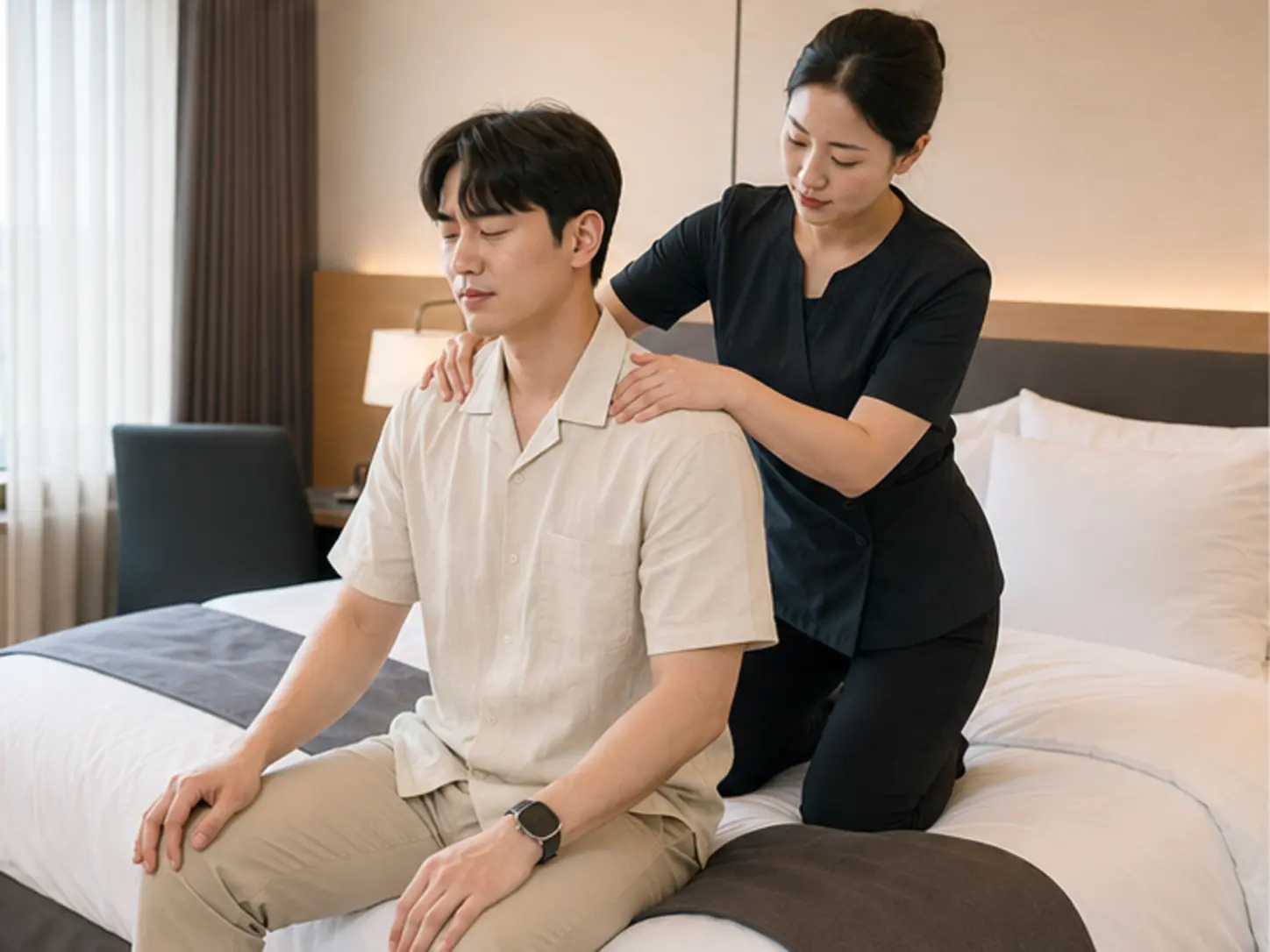 2026년 7월의 여름, 숙소 출입 정보를 확인한 뒤 숙소에서 25세 여성 관리사 소연가 로컬 에디터 민호의 어깨와 등 위쪽을 관리하는 장면