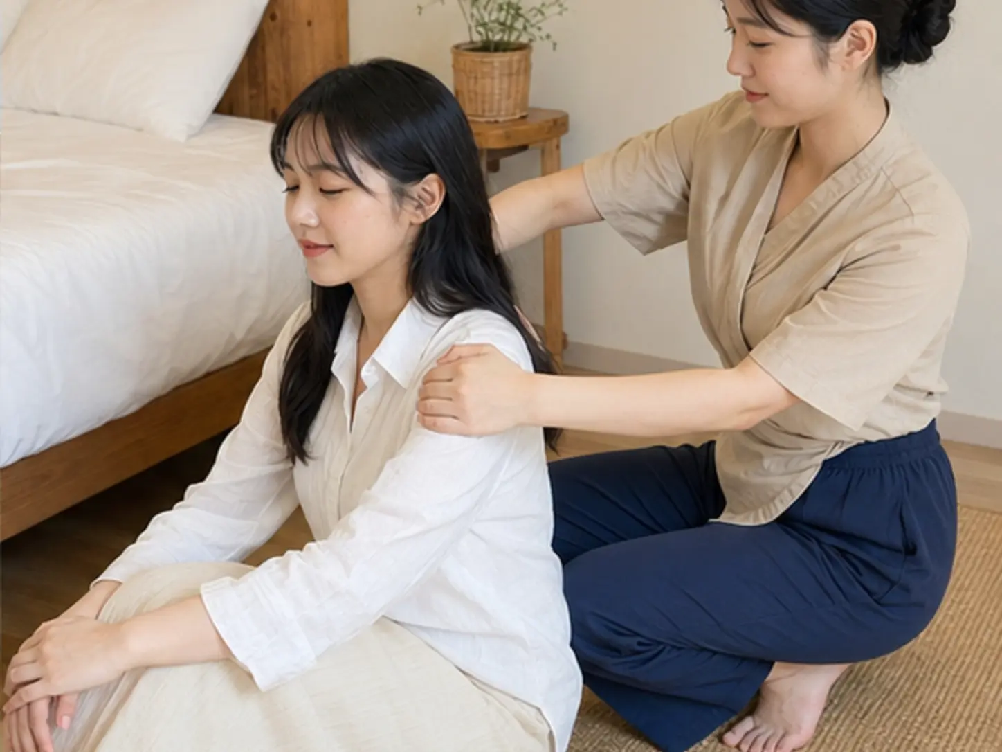 2024년 8월의 여름, 이동 일정을 마친 뒤 숙소에서 25세 여성 관리사 수아가 로컬 에디터 하은의 어깨와 팔을 관리하는 장면