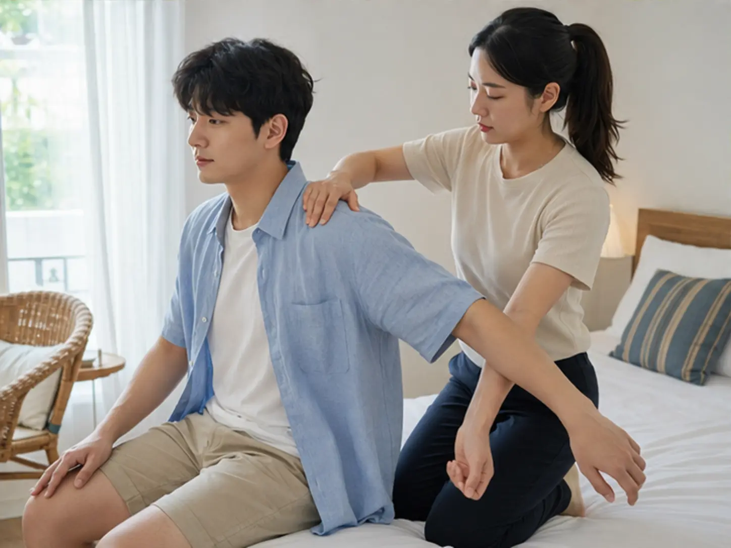 2024년 8월의 여름, 숙소 출입 정보를 확인한 뒤 숙소에서 24세 여성 관리사 지민가 로컬 에디터 우진의 어깨와 팔을 관리하는 장면