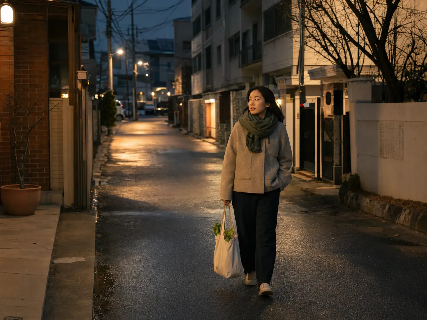 비 내린 독산동 주거 골목에서 작은 장바구니를 든 20대 성인 여성 로컬 에디터 하연