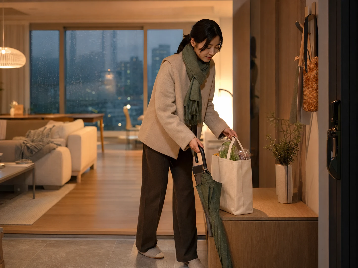 독산동 자택에서 장바구니와 우산을 정리하는 장면