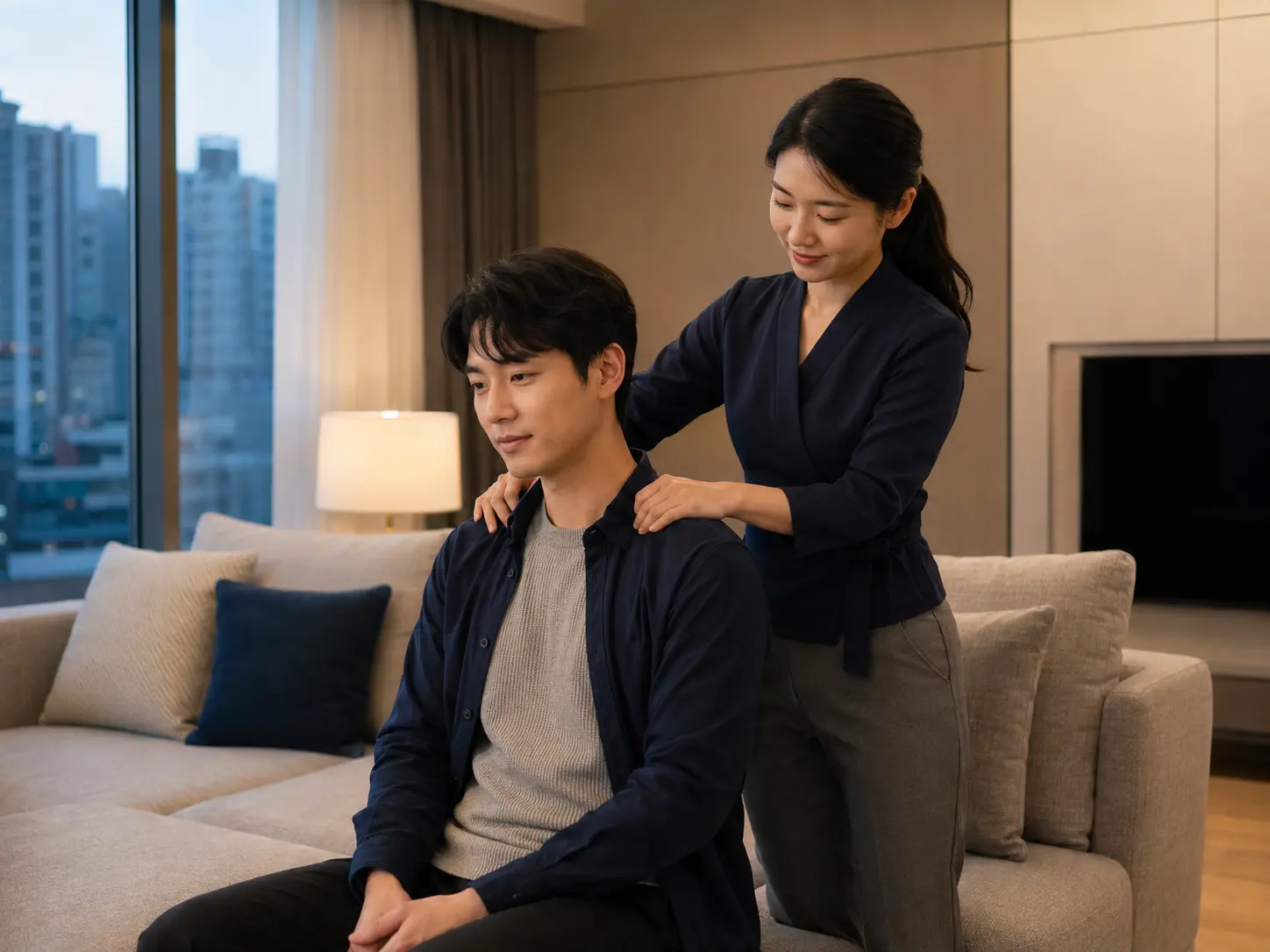 가산동 레지던스에서 여성 관리사에게 목과 어깨, 등을 관리받는 로컬 에디터 준호