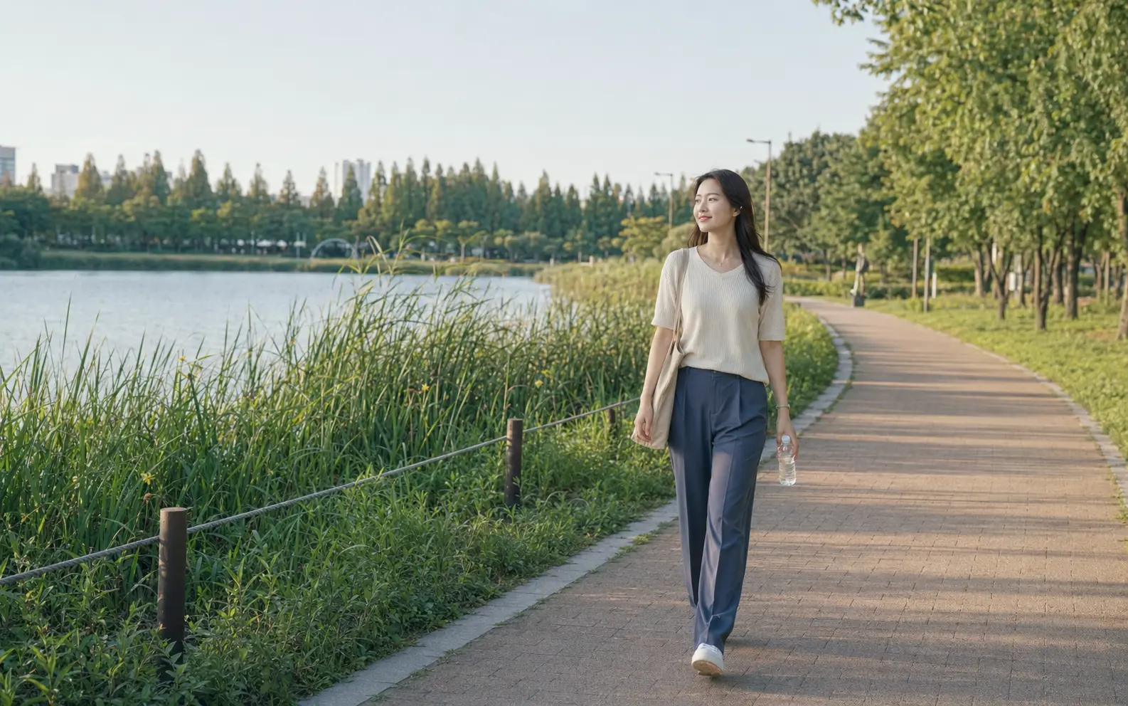 일산호수공원 산책로에서 작은 물병과 가벼운 가방을 든 20대 성인 여성 로컬 에디터 소민