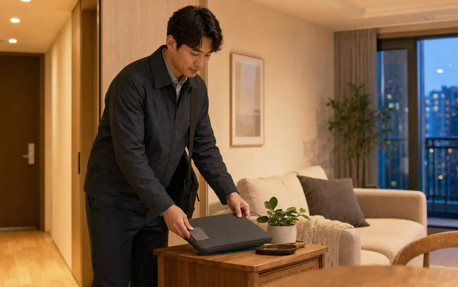 원흥동 자택에서 노트북 슬리브와 출입카드를 정리하는 장면