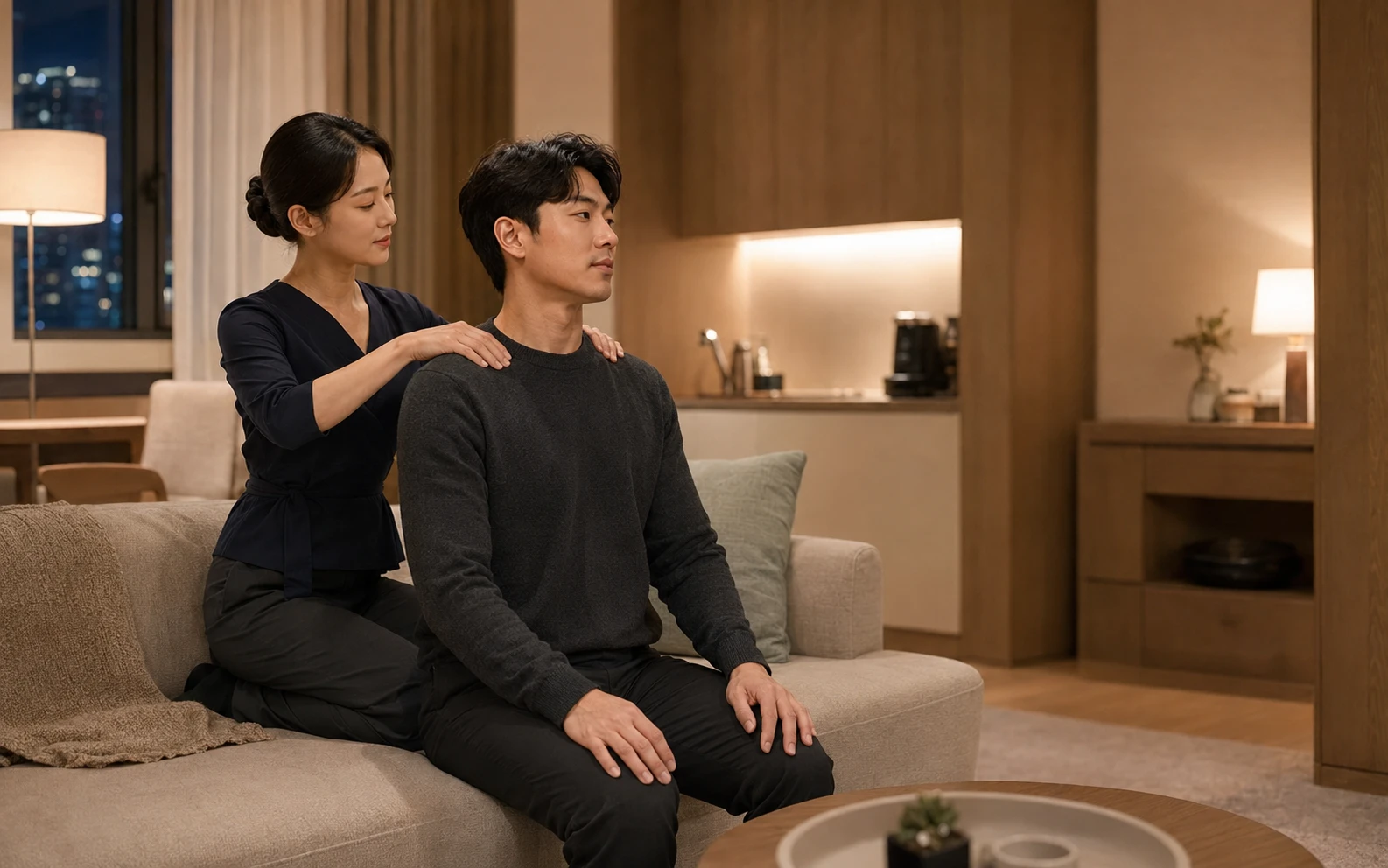 구로동 레지던스에서 여성 관리사에게 목과 어깨, 등을 관리받는 남성 로컬 에디터 민준
