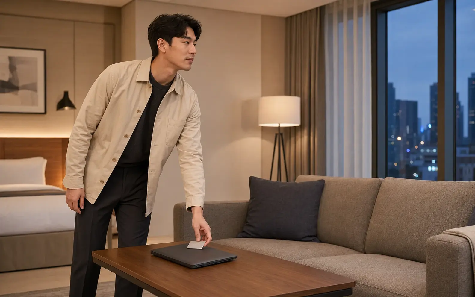 구로동 레지던스에서 노트북과 출입카드를 정리하는 같은 남성 로컬 에디터 민준