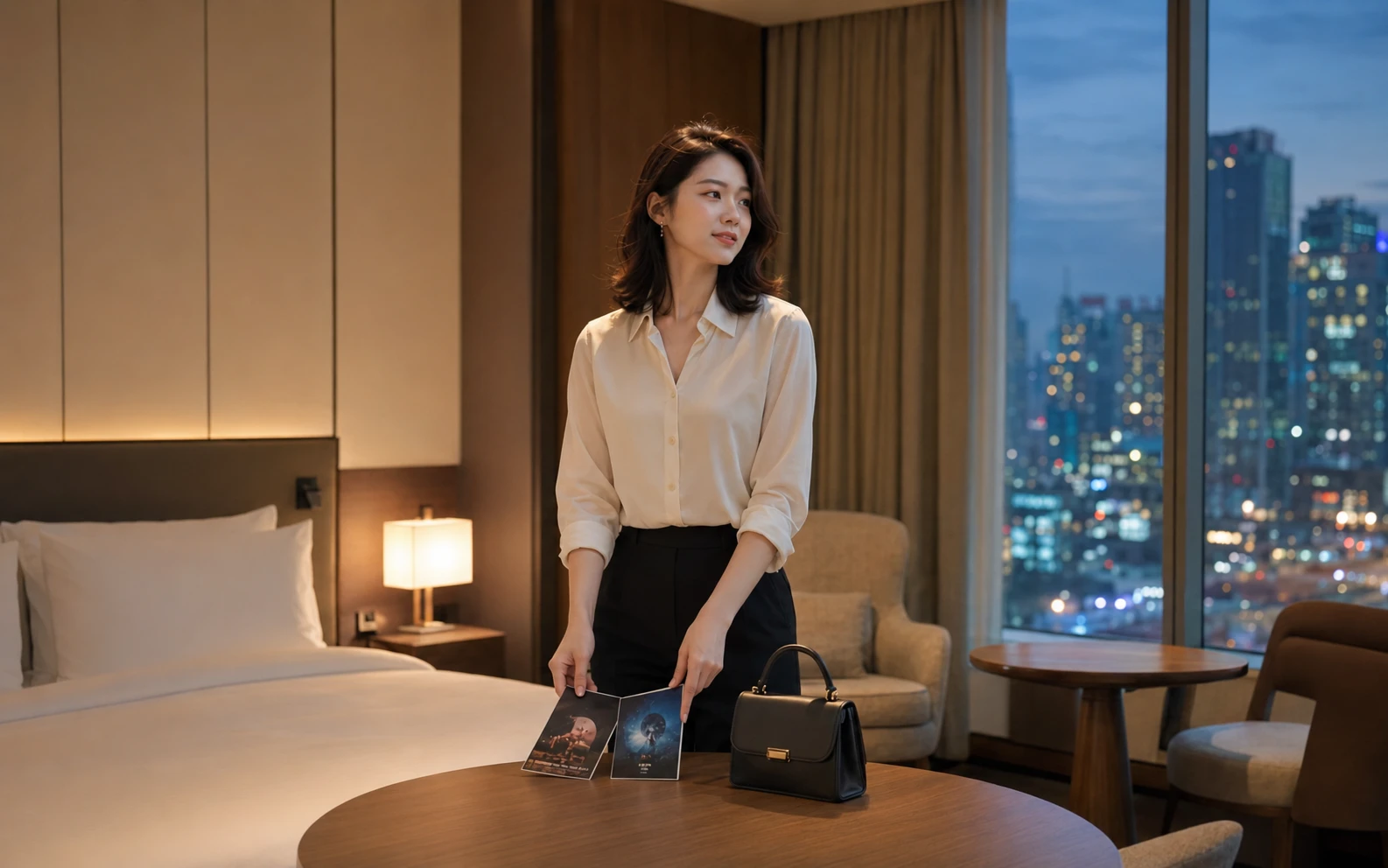신도림동 호텔에서 공연 프로그램과 작은 가방을 정리하는 같은 로컬 에디터 지연