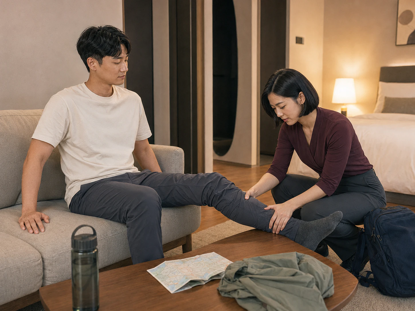 신림동 숙소에서 여성 관리사에게 종아리와 발목 관리를 받는 남성 로컬 에디터 현우