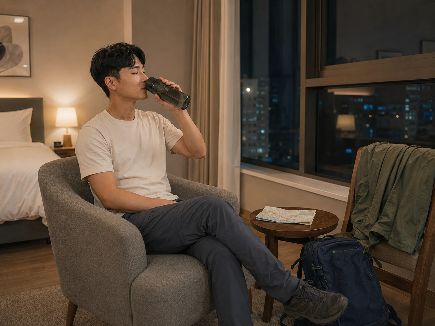신림동 숙소 창가에서 지도와 물병을 곁에 두고 쉬는 같은 남성 로컬 에디터 현우