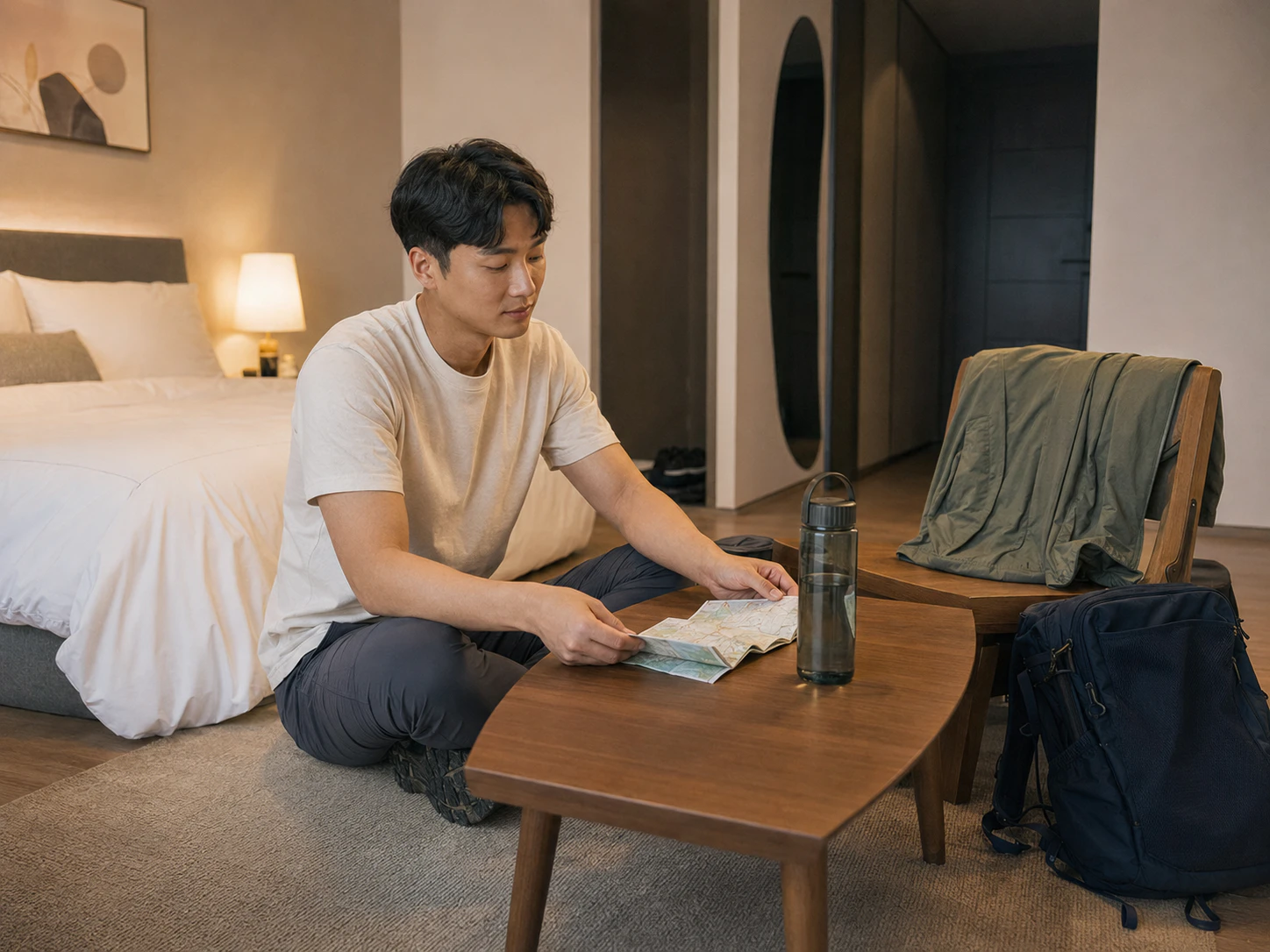 신림동 숙소에서 지도와 배낭, 물병을 정리하는 같은 남성 로컬 에디터 현우