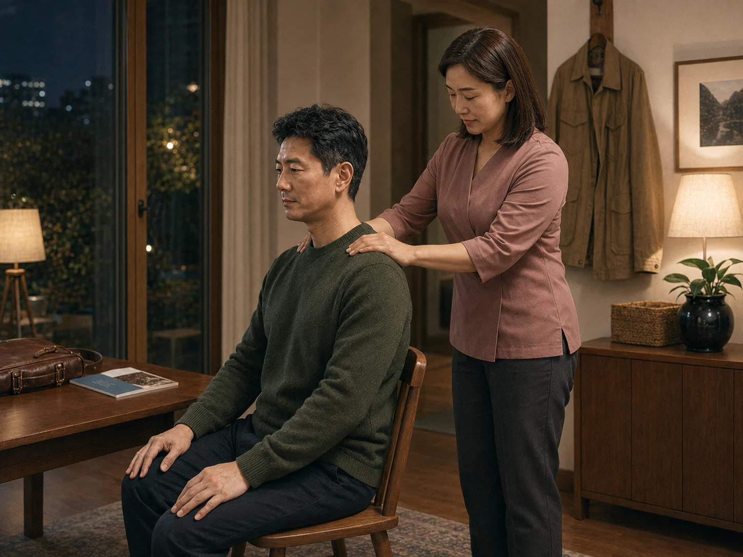 봉천동 자택에서 같은 여성 관리사에게 등 위쪽과 어깨 관리를 받는 남성 로컬 에디터 민재