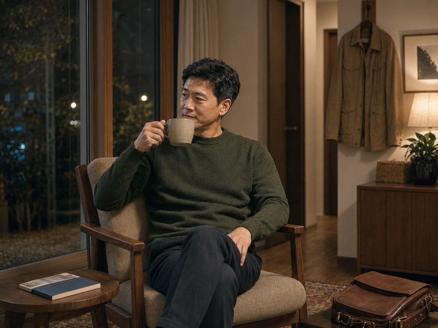 봉천동 자택 창가에서 안내 책자를 덮고 차를 마시며 쉬는 같은 남성 로컬 에디터 민재