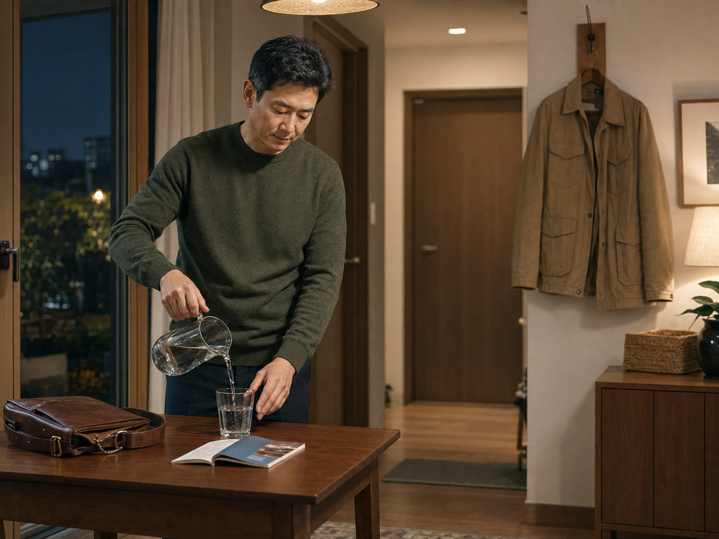 봉천동 자택에서 안내 책자와 갈색 가방을 정리하고 물을 따르는 같은 남성 로컬 에디터 민재