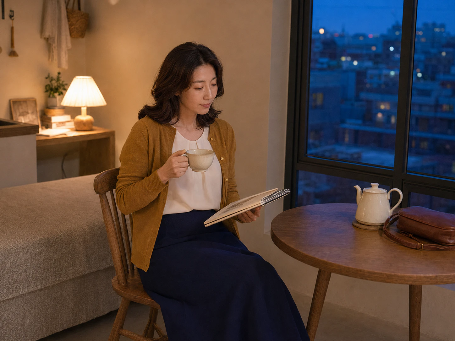 봉천동 숙소 창가에서 스케치북을 넘기며 차를 마시는 같은 로컬 에디터 수빈