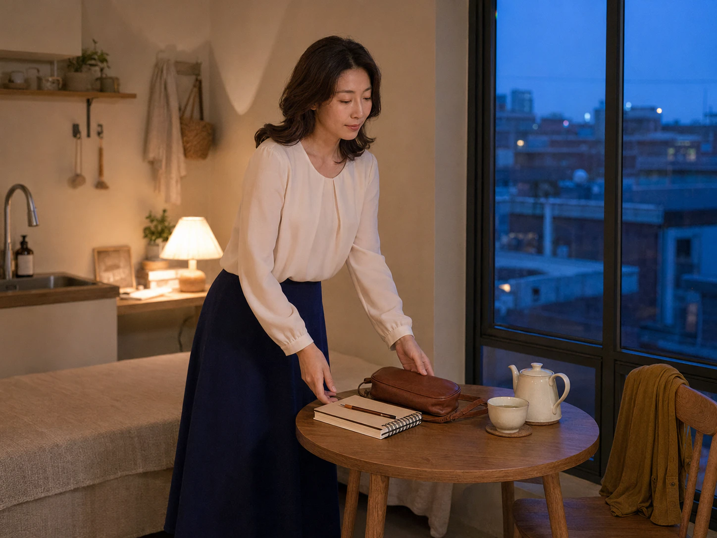 봉천동 숙소에서 스케치북과 연필, 갈색 가방을 정리하고 차를 준비하는 같은 로컬 에디터 수빈