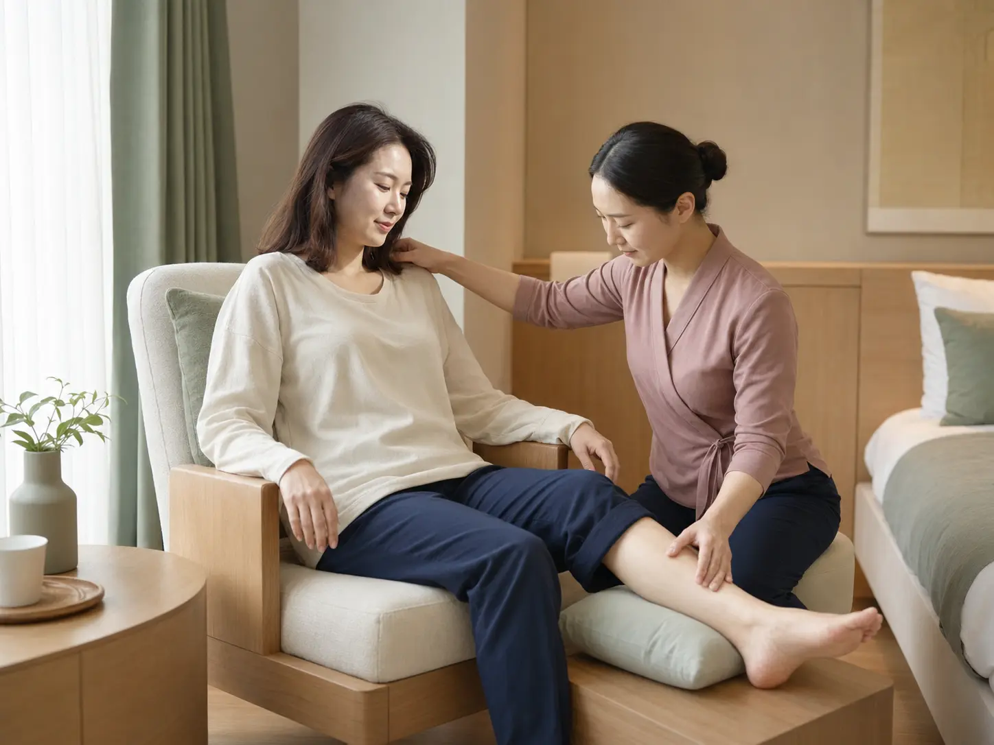 구의동 숙소에서 여성 관리사에게 발목과 목·어깨 관리를 받는 여성 로컬 에디터 서윤