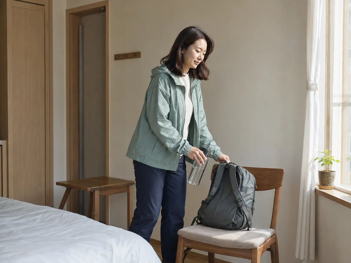 구의동 숙소에서 작은 배낭과 물병을 정리하는 같은 여성 로컬 에디터 서윤