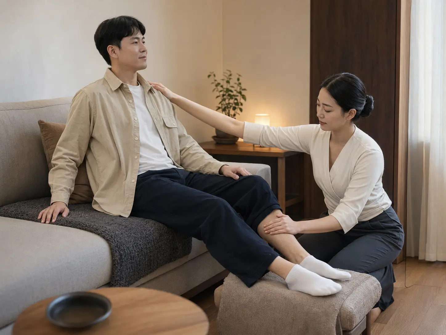 군자동 숙소에서 여성 관리사에게 종아리와 어깨 관리를 받는 남성 로컬 에디터 민우