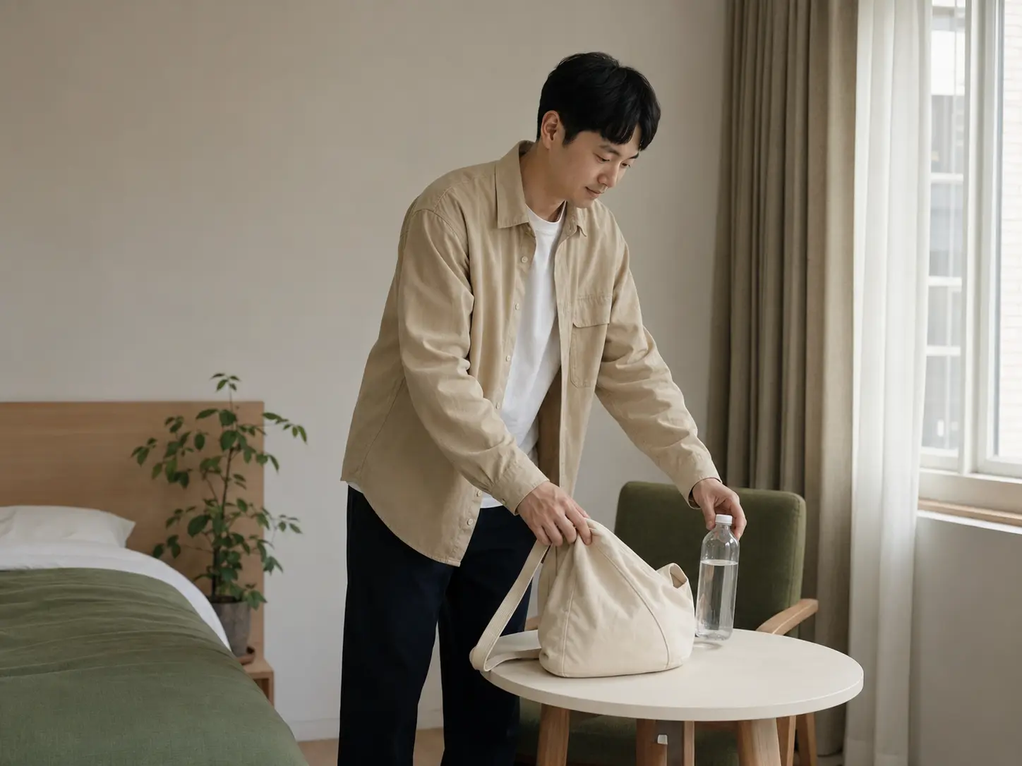 군자동 숙소에서 가방과 물병을 정리하는 같은 남성 로컬 에디터 민우