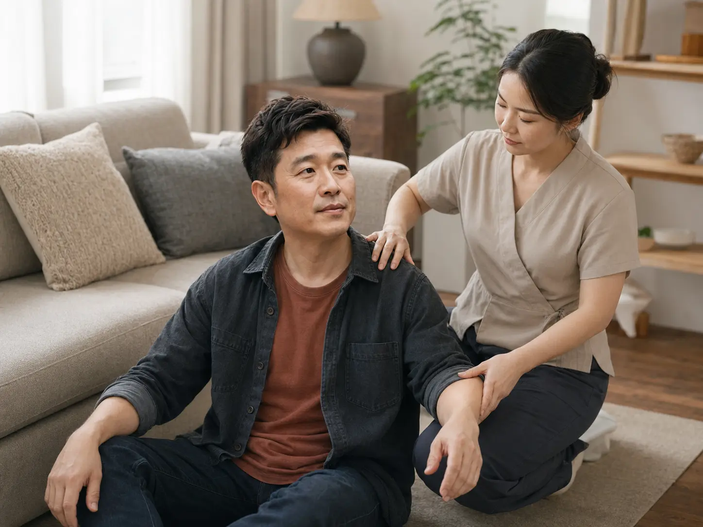 자양동 자택에서 여성 관리사에게 팔과 등·어깨 관리를 받는 남성 로컬 에디터 재훈
