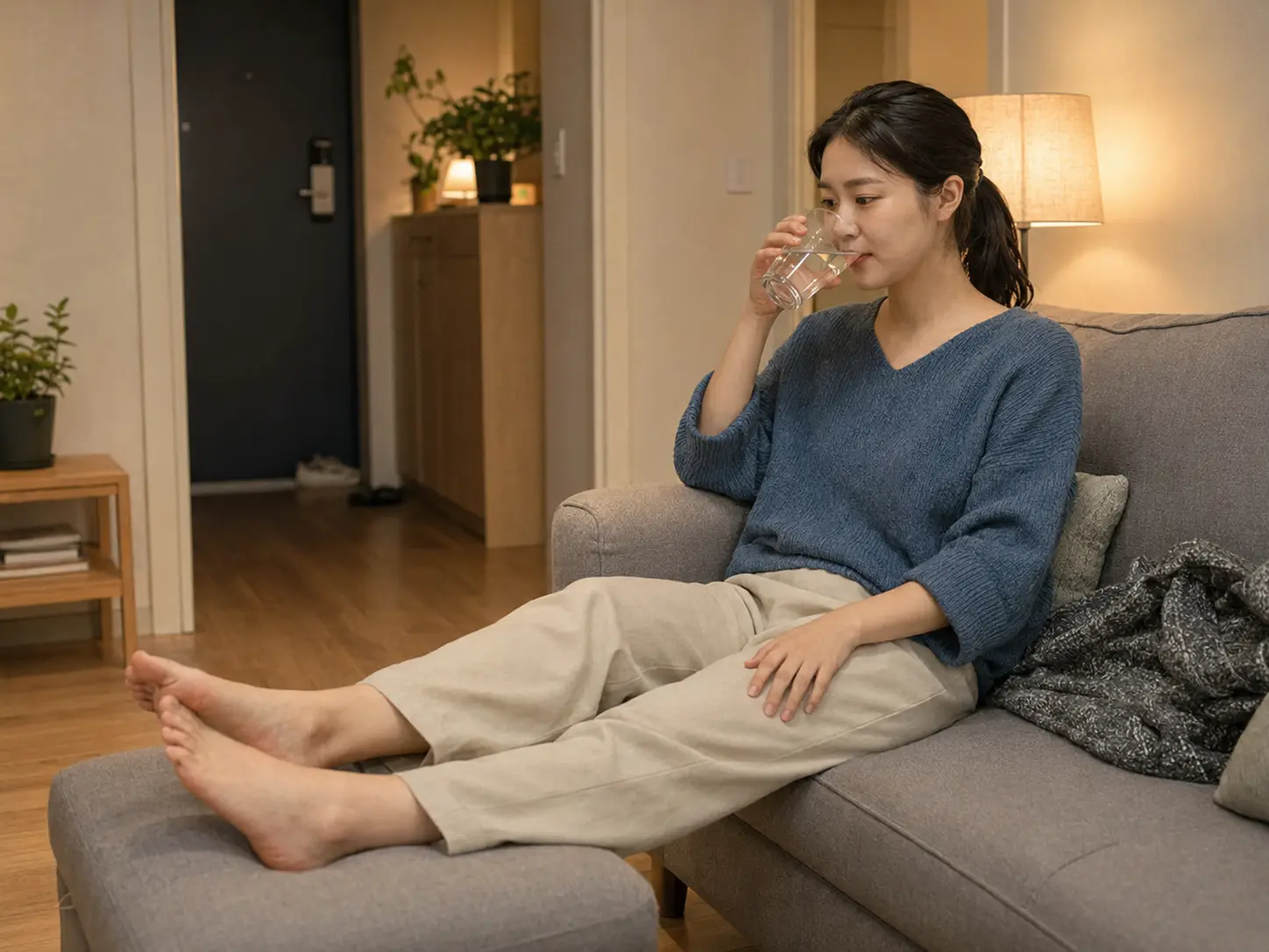 인천 부평 부평동 숙소에서 홈케어를 마친 뒤 물을 마시며 쉬는 로컬 에디터 윤서