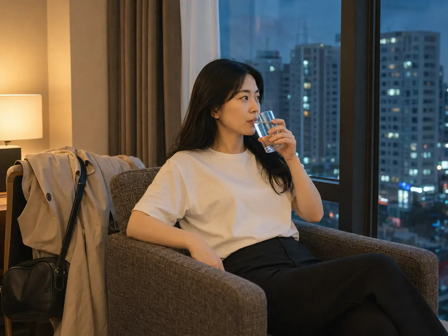 인천 부평 삼산동 숙소에서 홈케어를 마친 뒤 물을 마시며 쉬는 로컬 에디터 하람