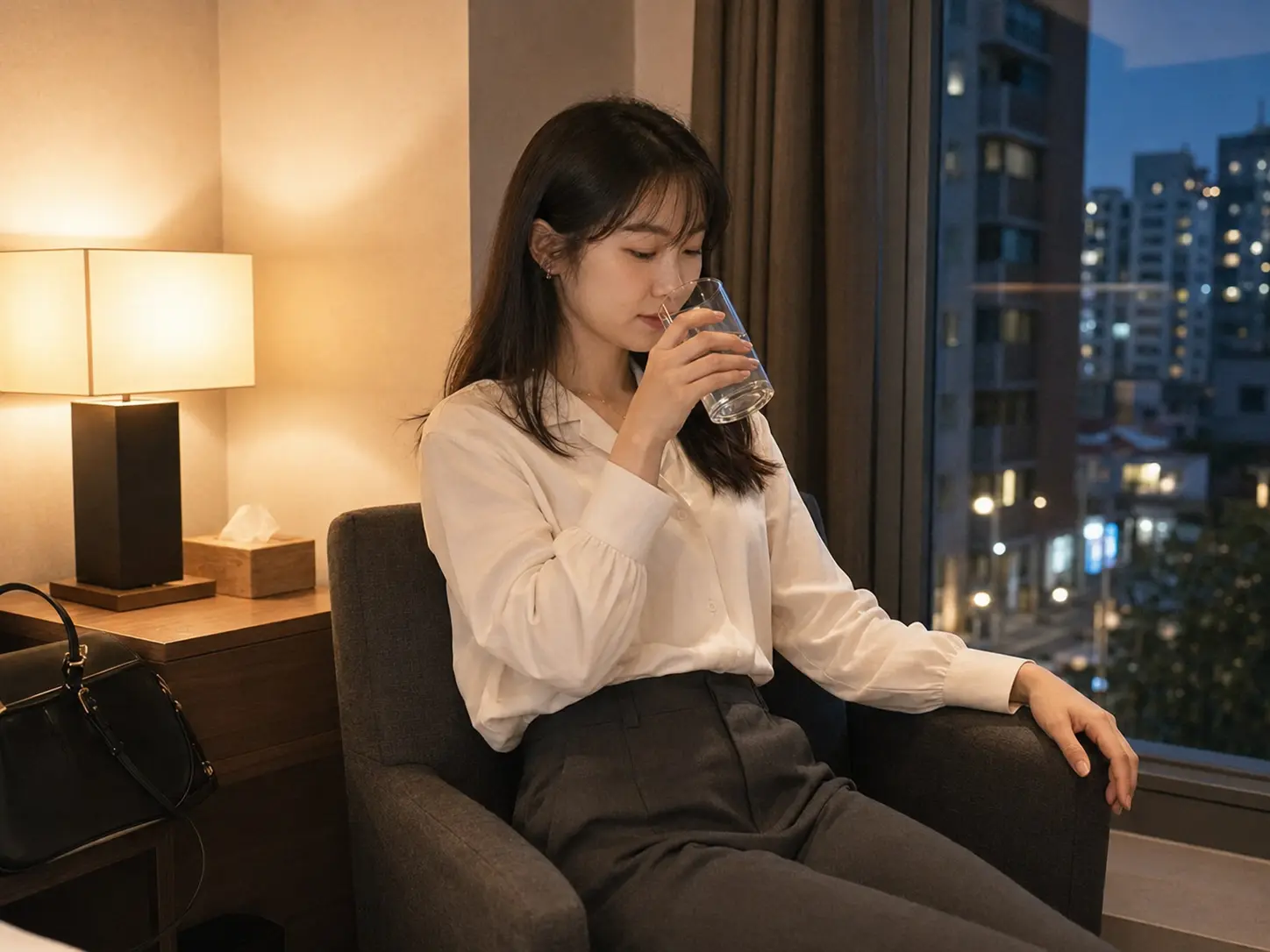 인천 부평 갈산동 숙소에서 홈케어를 마친 뒤 물을 마시며 쉬는 로컬 에디터 지우